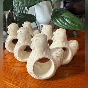 6 Vintage Chicken Napkin Rings Ceramic Porcelain White Cream Farmhouse Decor